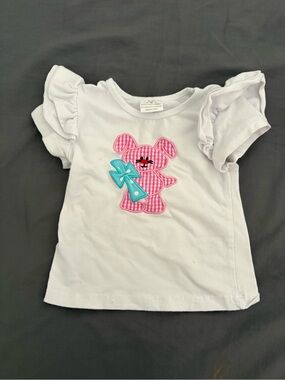 Girls White Ruffle Sleeve Tee with Pink Bunny & Christian Cross Appliqué